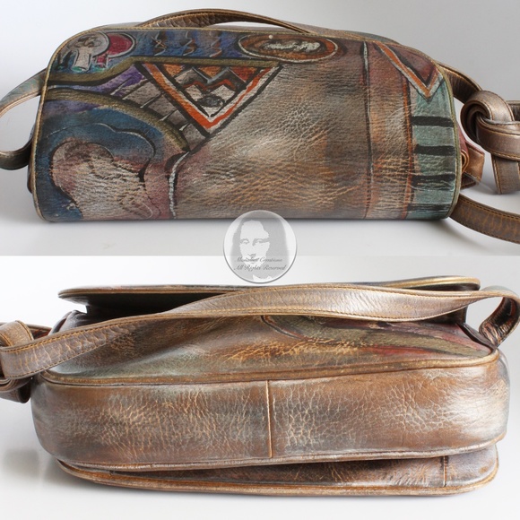 Jane Yoo Bag Crossbody Distressed Leather Handpainted Wearable Art Flap Bag - Picture 7 of 9